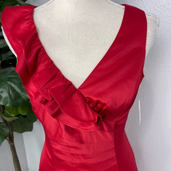Allen B True Red Satin Ruffle V Neck Elegant Date Dress - Picture 2 of 6